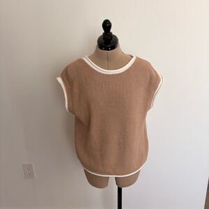 In February Womens Sweater Vest Small Top Tan White Trim Knit Sleeveless Boxy